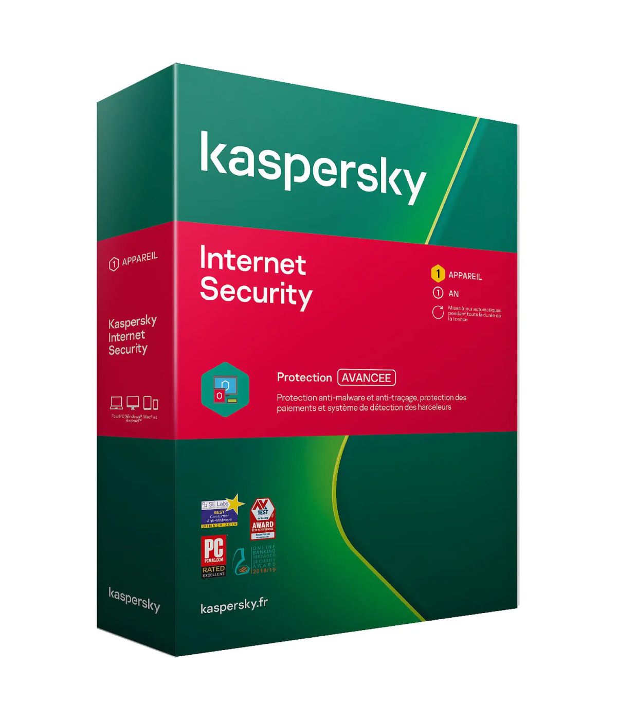 Image displaying a Kaspersky Internet Security for 1 Device product key card, featuring the Kaspersky logo and a clearly visible alphanumeric key essential for activating the software