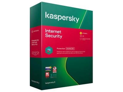 Image displaying a Kaspersky Internet Security for 1 Device product key card, featuring the Kaspersky logo and a clearly visible alphanumeric key essential for activating the software