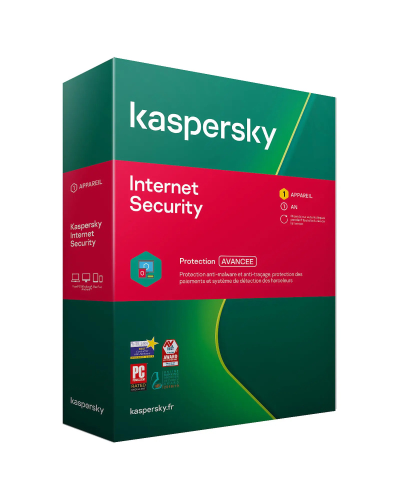 Image displaying a Kaspersky Internet Security for 1 Device product key card, featuring the Kaspersky logo and a clearly visible alphanumeric key essential for activating the software