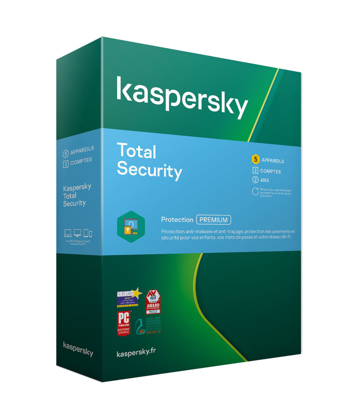 Image displaying a Kaspersky Total Security for 1 Device product key card, featuring the Kaspersky logo and a clearly visible alphanumeric key essential for activating the software