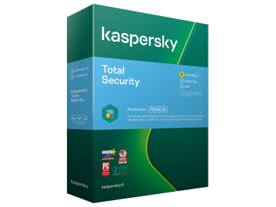 Image displaying a Kaspersky Total Security for 1 Device product key card, featuring the Kaspersky logo and a clearly visible alphanumeric key essential for activating the software