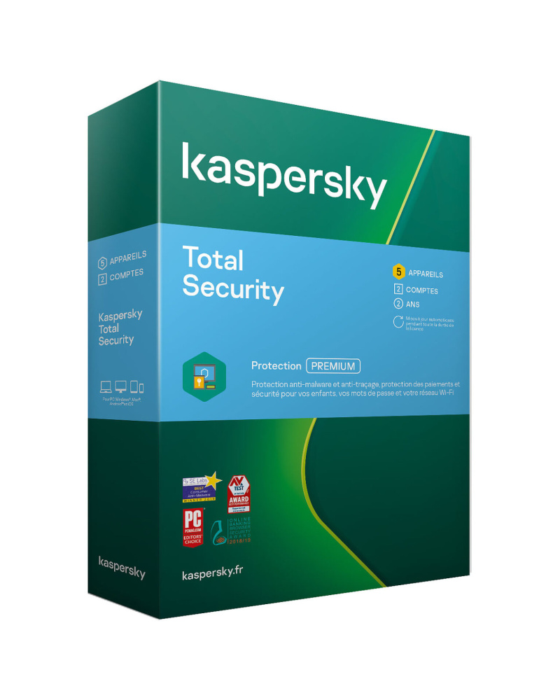 Image displaying a Kaspersky Total Security for 1 Device product key card, featuring the Kaspersky logo and a clearly visible alphanumeric key essential for activating the software